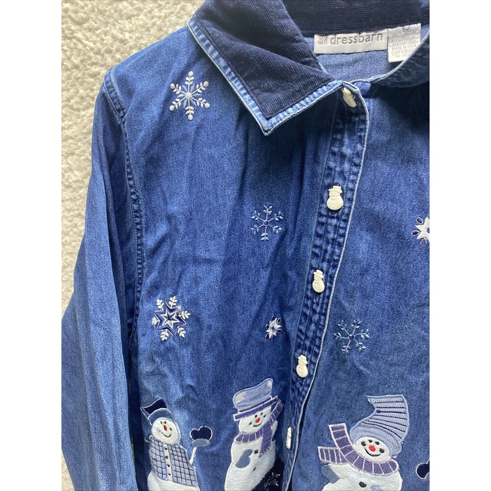 Dressbarn Christmas Snowman Button Down Denim Shirt WMNS L Blue Embroidered - Picture 3 of 13